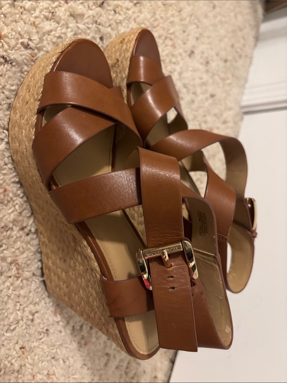 Michael Kors Tan Leather Espadrille Wedge Sandals